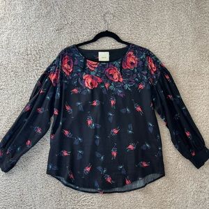 Anthropologie Maeve Women's Medium Black
Floral Linen Blend Long Sleeve Blouse